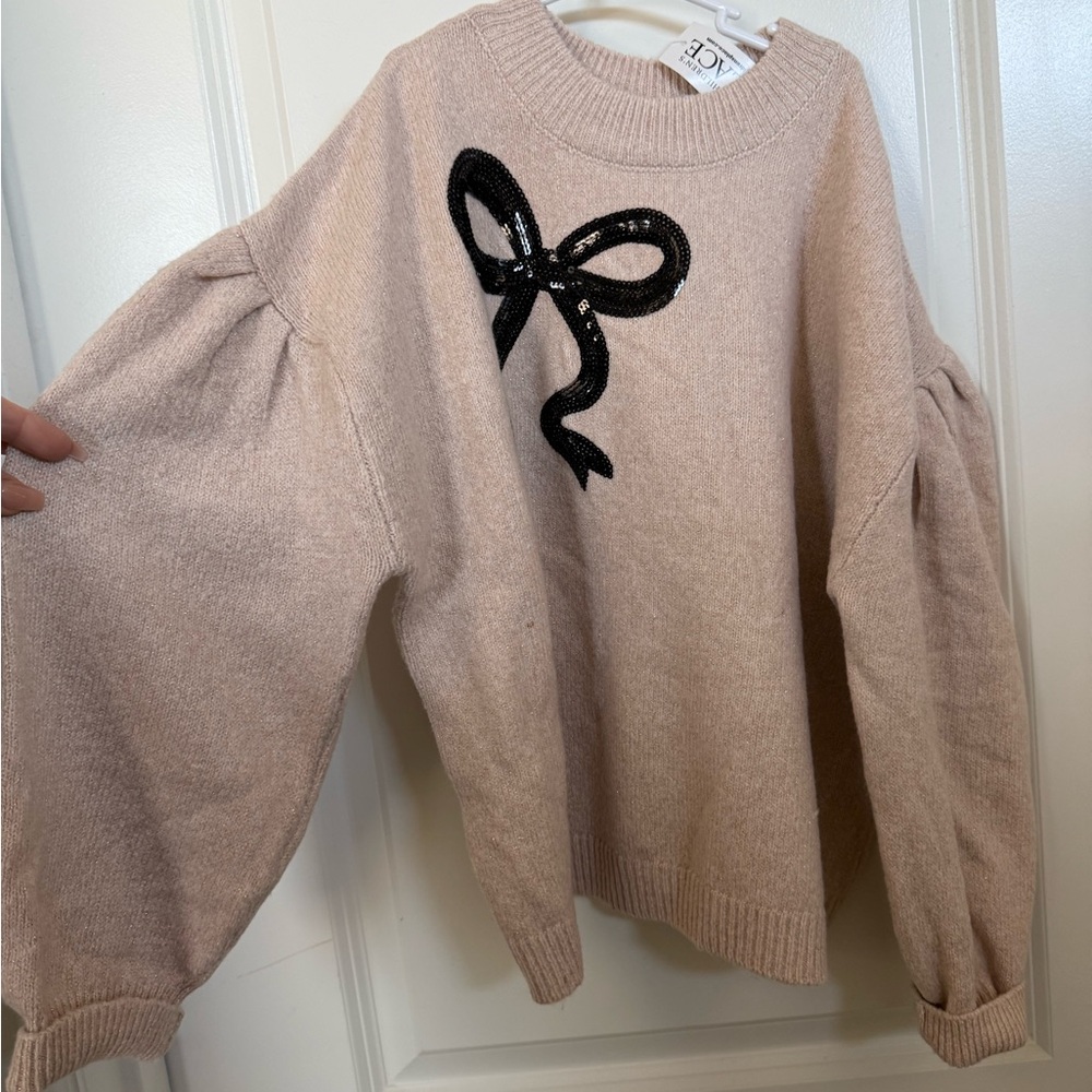 The Children's Place Light Tan Sweater with Black Bow